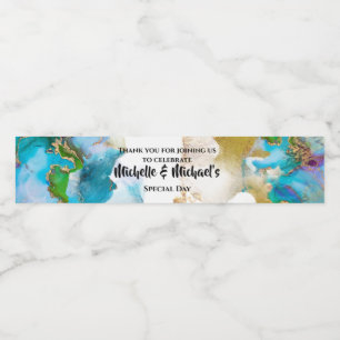 Etiqueta Para Botella De Agua Geode azul agea dorada acuarela color pavo real