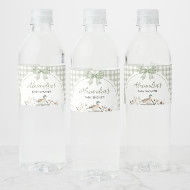 Etiqueta Para Botella De Agua Gingham Sage Green Mallard Duck Baby Shower (Botellas)
