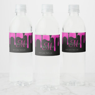 Etiqueta Para Botella De Agua Glam Monograma Purpurina de goteo Rosa blanco negr