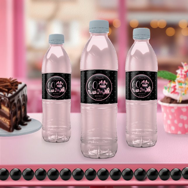 Etiqueta Para Botella De Agua Glam Pink Black Fashion Fiesta de cumpleaños númer (Glam Pink and Black French Couture Fashion 60th Birthday Party Water Bottle Labels)