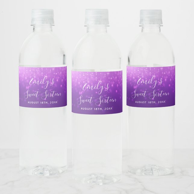 Etiqueta Para Botella De Agua Glam Purple Sweet 16 (Botellas)