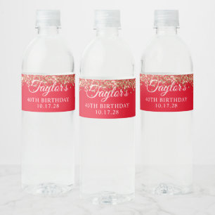 Etiqueta Para Botella De Agua Glitter Dorado y Cumpleaños 40 Rojo