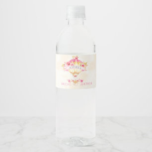 Etiqueta Para Botella De Agua Globo aerostático rosas rosadas doradas y amarilla