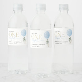 Etiqueta Para Botella De Agua Globo azul, eucalipto, vegetación, primer cumpleañ