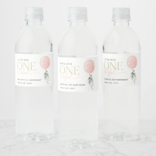 Etiqueta Para Botella De Agua Globo rosa, eucalipto, vegetación, primer cumpleañ