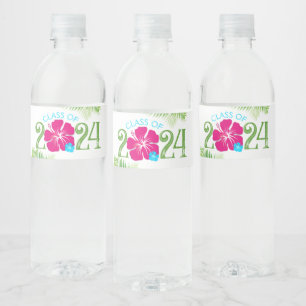 Etiqueta Para Botella De Agua Graduación blanca de Luau Tropical Hibiscus