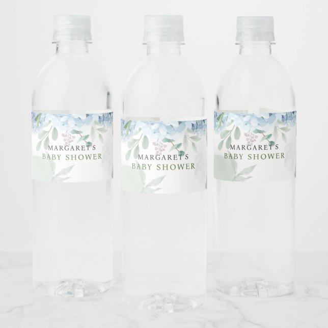 Etiqueta Para Botella De Agua Greenery Blue hidrangea Baby Shower (Botellas)