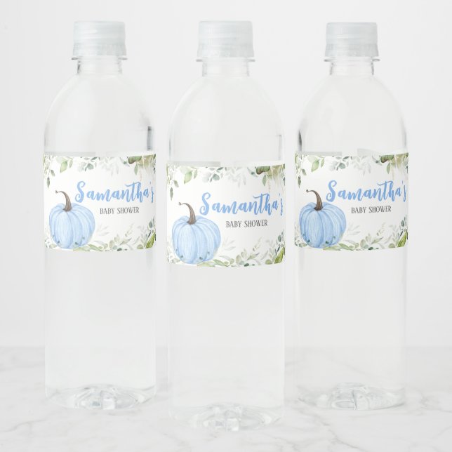 Etiqueta Para Botella De Agua Greenery Blue Pumpkin Baby Shower (Botellas)