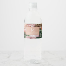 Etiqueta Para Botella De Agua Hojas de palma de jungla flores de la selva rosada