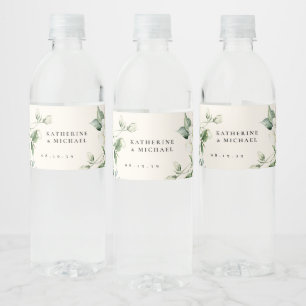 Etiqueta Para Botella De Agua Hojas de Verde Salvia Elegantes y Rosa Marfil Boda