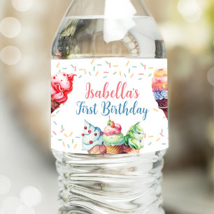 Etiqueta Para Botella De Agua Ice Cream Primer Fiesta de Cumpleaños