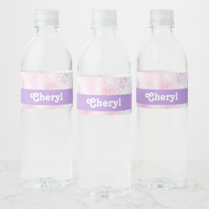 Etiqueta Para Botella De Agua Impresión de purpurinas morado, rosa y blanco