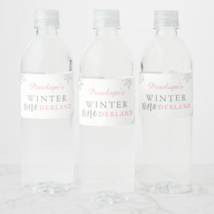 Etiqueta Para Botella De Agua Invierno Onederland Plata Rosa Primer cumpleaños