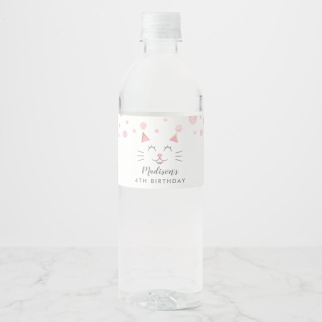 Etiqueta Para Botella De Agua Kitty Cat Tema Cumpleaños Rosa (Anverso)
