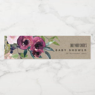 ETIQUETA PARA BOTELLA DE AGUA KRAFT RUBOR BURGUNDY FLORAL BUNCH BABY SHOWER