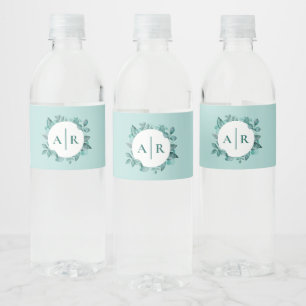 Etiqueta Para Botella De Agua La vegetación verde azulada deja un monograma Boda