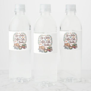Etiqueta Para Botella De Agua La vida es mejor con café gatos libros