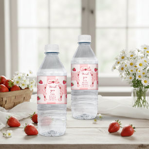 Etiqueta Para Botella De Agua Lazos de gingham rojo de fresa del primer cumpleañ