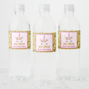 Etiqueta Para Botella De Agua Lindo Unicornio Rosa Dorado Brillo Quinceañera