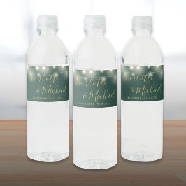 Etiqueta Para Botella De Agua Luces de Cuerda de Bodas Verde Dorado con Letra de