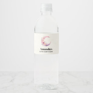 Etiqueta Para Botella De Agua Luna de Creciente Rosa con Flores de Bonito Cumple
