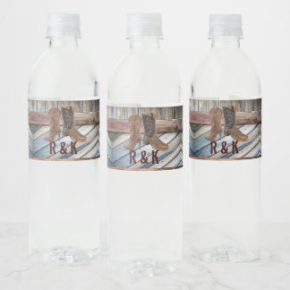 Etiqueta Para Botella De Agua madera de grano Cowboy Boots Campo occidental Boda