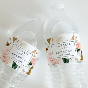 Etiqueta Para Botella De Agua Magnolia elegante   Boda blanco y Rubor