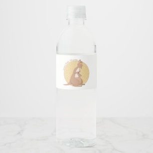 Etiqueta Para Botella De Agua Mami canguro y bebé en un patrón amarillo