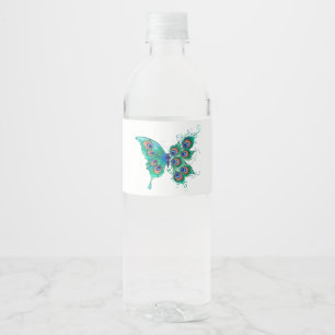 Etiqueta Para Botella De Agua Mariposa con plumas de pavo real verde
