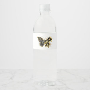 Etiqueta Para Botella De Agua Mariposa de flores de oro con orquídea negra