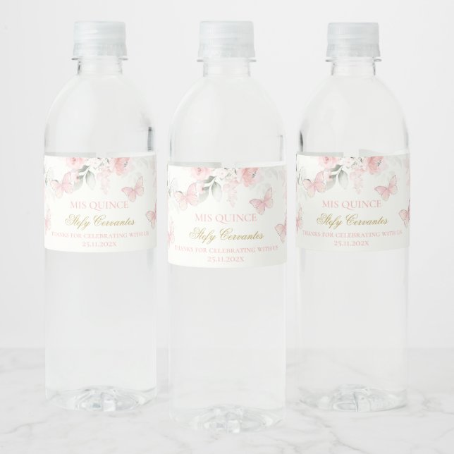 Etiqueta Para Botella De Agua Mariposa rosa Quinceañera (Botellas)