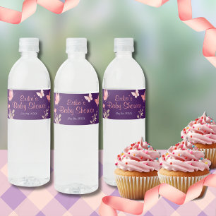 Etiqueta Para Botella De Agua Mariposas Rosadas Floral Purple Baby Shower