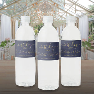 Etiqueta Para Botella De Agua Mejor Día De Guión De La Marina Azul Y Boda De Oro