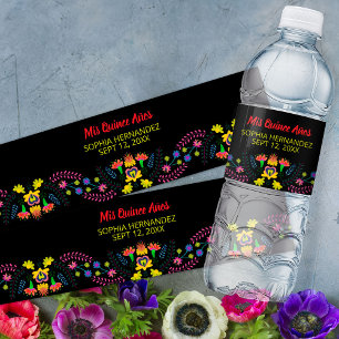 Etiqueta Para Botella De Agua Mis Quince Años Fiesta Mexicana Negra