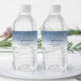Etiqueta Para Botella De Agua Moda Purpurina Azul Drip 50 cumpleaños