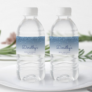 Etiqueta Para Botella De Agua Moda Purpurina Azul Drip 90 cumpleaños