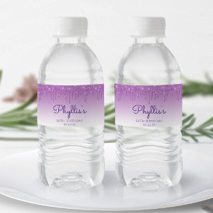 Etiqueta Para Botella De Agua Moda Purpurina púrpura Drip 80 cumpleaños