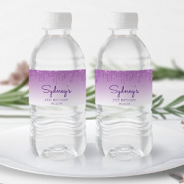 Etiqueta Para Botella De Agua Moda Purpurina púrpura goteo 21 Fiesta de cumpleañ
