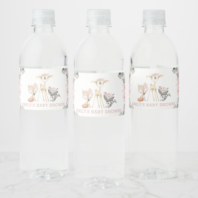 Etiqueta Para Botella De Agua Moda Rubor Floral Greenery Woodland Baby Shower (Botellas)