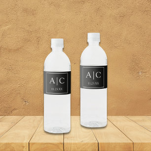 Etiqueta Para Botella De Agua Moderno Boda de monograma negro clásico