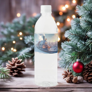 Etiqueta Para Botella De Agua Montañas nevadas del invierno del tren de vapor