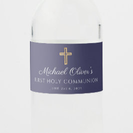 Etiqueta Para Botella De Agua Navy Blue Religious Cross Boy First Communion Wat
