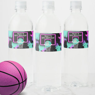 Etiqueta Para Botella De Agua Neon Grunge Paint Splatter Baloncesto Cumpleaños