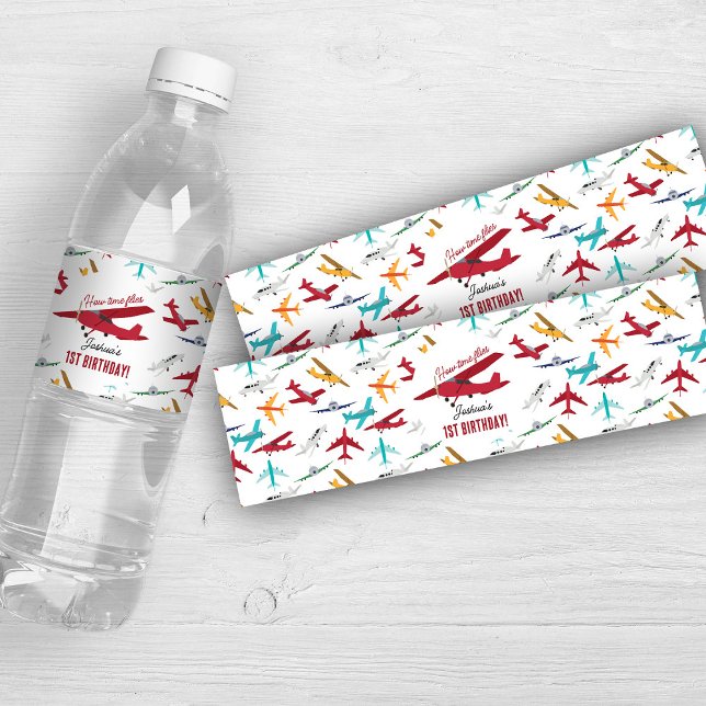 Etiqueta Para Botella De Agua Niños del avión Fiesta de cumpleaños 1° Moscas de  (Airplane Kids 1st Birthday Party Time Flies Water Bottle Label)