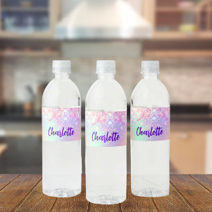 Etiqueta Para Botella De Agua Nombre holográfico de color rosa morado