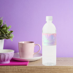 Etiqueta Para Botella De Agua nombre holográfico del arco iris del oro rosa rosa