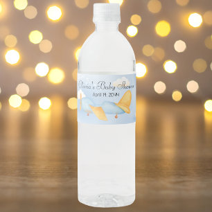 Etiqueta Para Botella De Agua Nubes de aviones Blue Gold, Baby Shower Cute Boy
