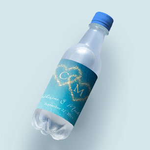 Etiqueta Para Botella De Agua Olas De Acuarela Azul Oceánico Con Boda De Monogra