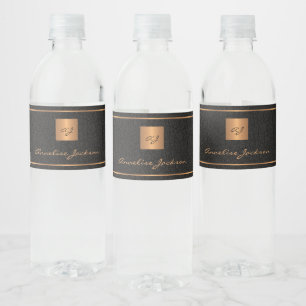 Etiqueta Para Botella De Agua Oro negro iniciales personalizadas nombre script