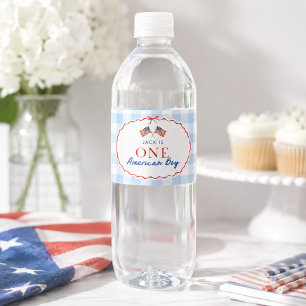 Etiqueta Para Botella De Agua Osito de peluche americano elegante azul a cuadros